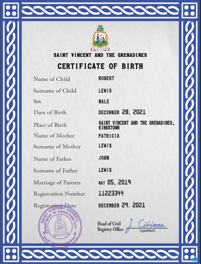 Download Saint Vincent and the Grenadines birth certificate PSD template Photoshop template